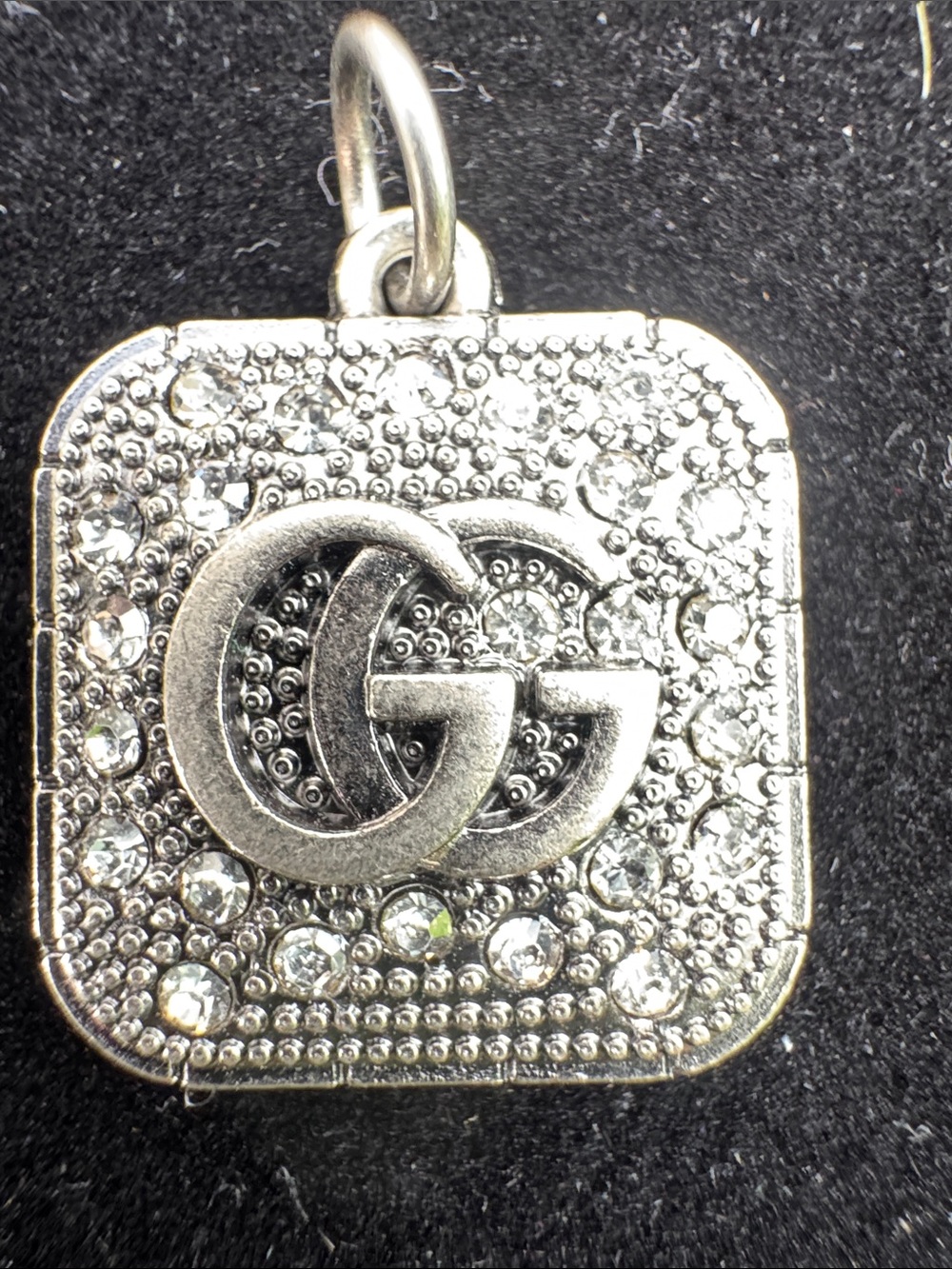 Charm  Silver Crystal Double G Pavé Square Pendant Charm